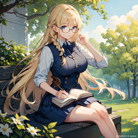 Blonde, braid hair, (big tits), solo, blue eyes, uniform, long skirt, round glasses, random pose, at school garden, sitting on branch, reading book, calm face