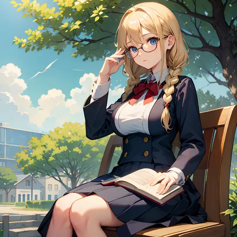 Blonde, braid hair, (big tits), solo, blue eyes, uniform, long skirt, round glasses, random pose, at school garden, sitting on branch, reading book, calm face