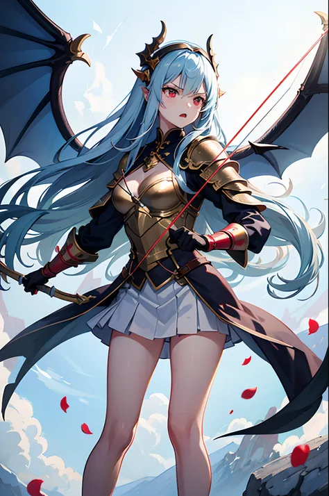 light blue long-haired girl, red eyes, wearing googles with wings on head, wearing white gold armor, petal mini skirt, weapon bow and arrow, archer, archery, flying, dragon wing, war in sky, many dragons flying in background, magic war, magic casting, angr...