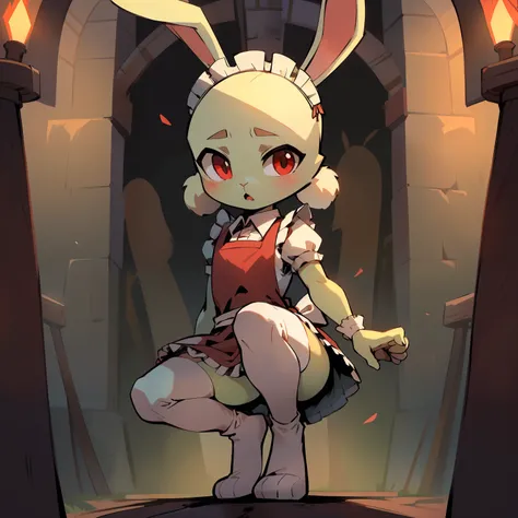 Best quality，Masterpiece，(Cartoony)，solo person，(Maid skirt)，((white stockings，White knee-length socks))，(Small loli，for 6 years old)，((bald-headed，rabbit Facial Features，rabbit Body Features，Pale green body))，((No ears，rabbitears))，Lift one foot，red color...