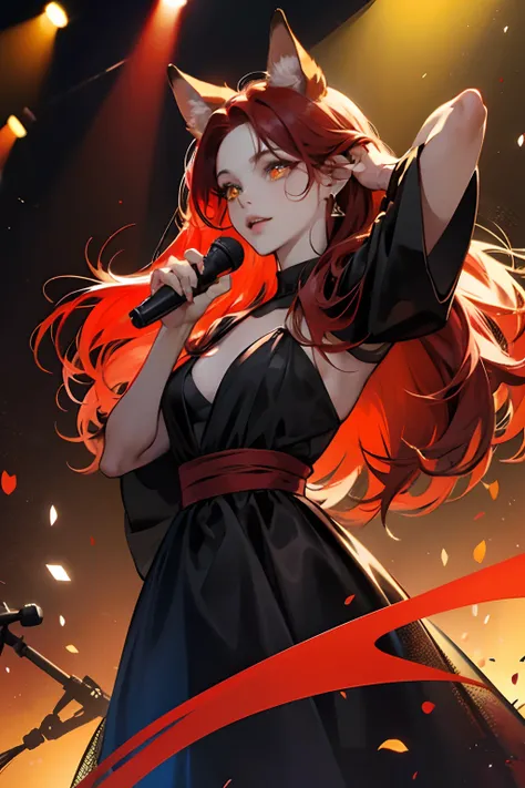 red tinted hair，Red fox ears，Golden eyes，Gorgeous black dress，singers，stage，microphones，sing