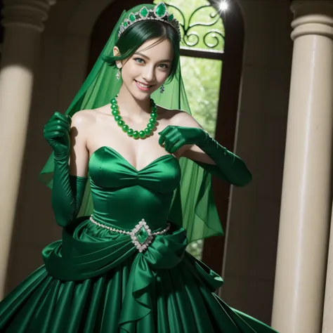 emerald tiara, Green Pearl Necklace, Boyish very short black hair, lipsticks, Japan woman smiling, very short short hair, big breasts beautiful, Green eyes, Long green gloves made of satin material, Green eyes, Emerald Earrings