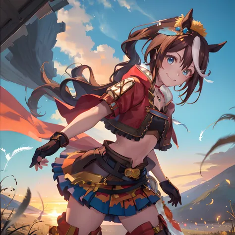 ((masterpiece, best quality)),1girl,Tokai Teio,Tokai Teio(horizon),horse ears,horse girl,brown hair,long hair,high ponytail,streaked_hair,multicolored_hair,blue eyes,jacket,cropped jacket,crop top,midriff,fingerless gloves,short sleeves,navel,skirt,belt,ca...