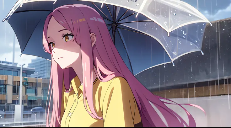 masterpiece, best quality, 1girl, solo, long pink hair, parted bangs, forehead, with yellow eyes, collared red shirt, sky, close up, rain