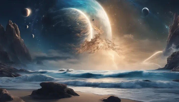 huge planet, the night, starrysky, surrealism, masutepiece, hight resolution、Impressive Milky Way:1.9、sand beach、Vast blue ocean、Blue glacier、lightning bolt:1.9、Protoplanets