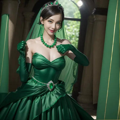 emerald tiara, Green Pearl Necklace, Boyish very short green hair, lipsticks, Japan woman smiling, very short short hair, fist, big breasts beautiful, Green eyes, Long green gloves made of satin material, Green eyes, Emerald Earrings, lesbian ,the kiss