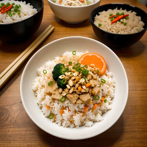 A close-up shot of a bowl of delicious Robabon Rice, a popular dish in Asian cuisine. The rice is cooked to perfection, with each grain separate and fluffy. Its topped with a variety of colorful vegetables and meat, creating a vibrant and appetizing displa...