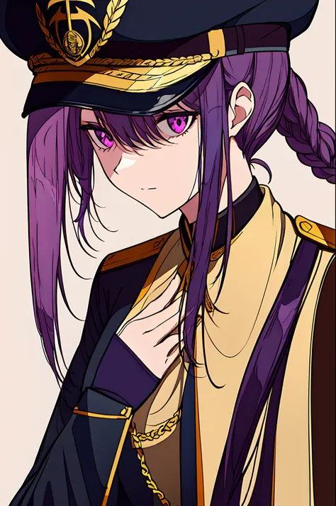 A woman wearing a black military uniform.
She has purple hair, around 18 years old.
Her hair is tied up intricately, with a braid depicted somewhere.
She has double eyelids and almond-shaped eyes.
Wearing a military cap with wings, worn low over her eyes, ...