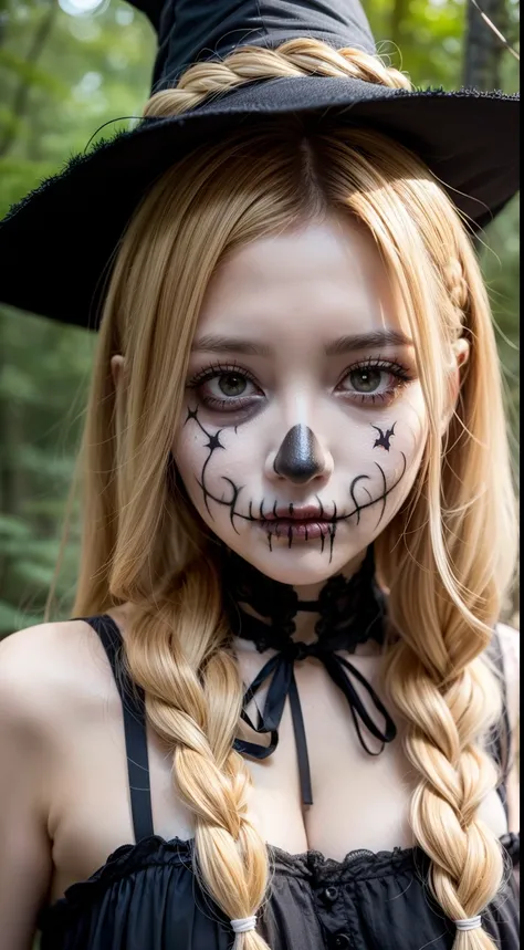 Spooky girl, blonde long hair Emo Pin up Girl, halloween dress, Striking a pose, natural make up, skinny innocent, in a disgusting forest, spooky, midshot, centered image, good girl, innocent girl