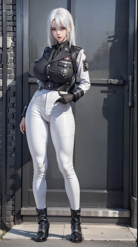 physically-based rendering, 1girl, female soldier, (white hair), (huge fake breasts:1.1), (street city), sexy muscular body, sli...