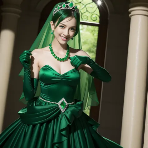 emerald tiara, Green Pearl Necklace, Boyish very short black hair, lipsticks, Japan woman smiling, very short short hair, big breasts beautiful, Green eyes, Long green gloves made of satin material, Green eyes, Emerald Earrings