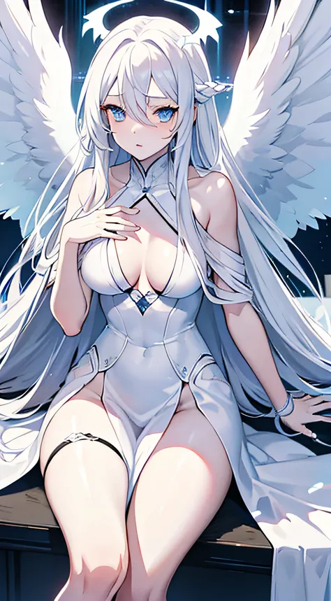 illustration, long white hair, blue eyes, seductive expression, angel wings, naked，movie light, pixiv, masterpiece, best quality, extremely detailed, 8k