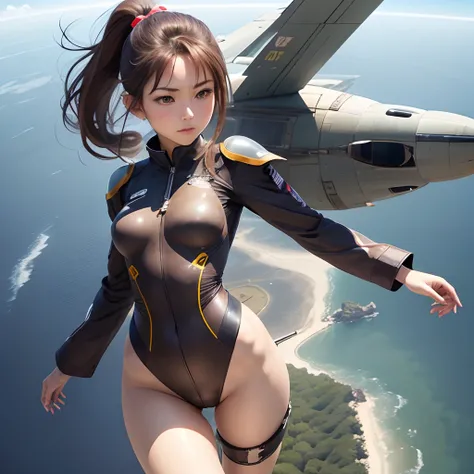 japanes、flat chest、High-leg pilot suit、The whole body can be seen from directly below、Delicate body、Brown Hair Ponytail、Beautiful open legs