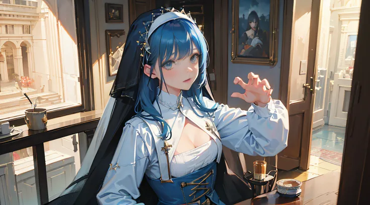 Denim Lens, (RAW photo, 4k, masterpiece, high resolution, extremely complex), cinematic lighting, 1 Girl , (topaz blue hair: 1.2), cinematic pose, nun outfit with variety armament