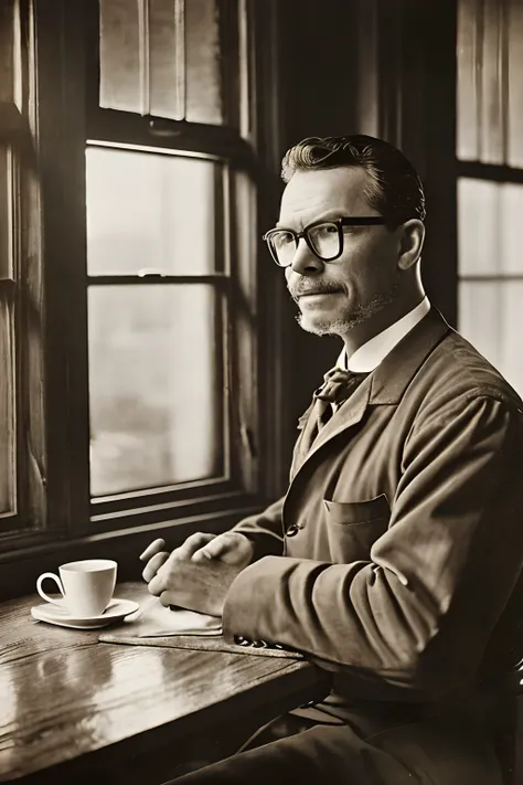 guttonerdvision10, Retro-style photograph of a 19th-century man with glasses sitting in a café of the era. He has a serene and contagious expression, and on his table, theres a cup of coffee and a croissant. In the background, we see an espresso coffee mak...