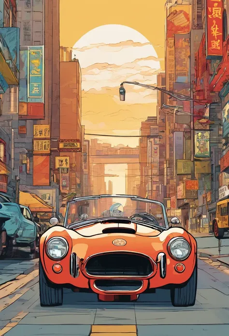 ukiyo-e style: Great SHELBY COBRA, wide background, small and centered, full color, new york city scenery,