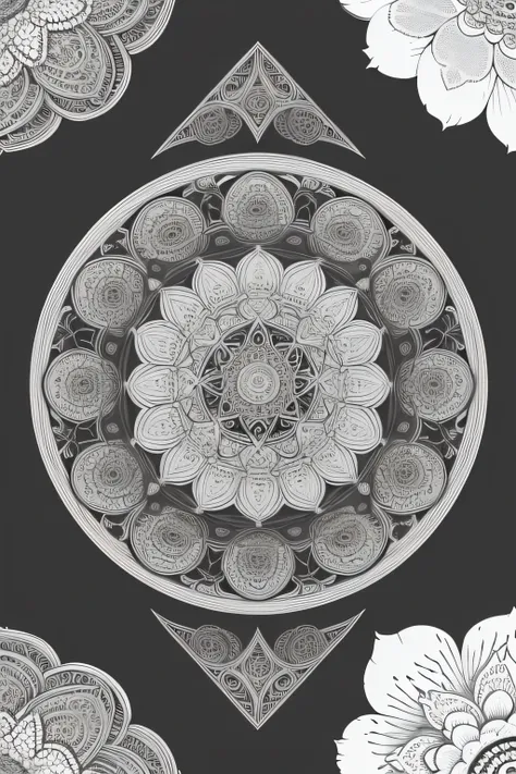 absurdres, highres, ultra detailed, (detailed background),  1 serene garden with a mandala-inspired fountain, bunch of flowers, black and white colors only, coloring book page style vector lines (zentangle:1.2), (geometric:1.2)