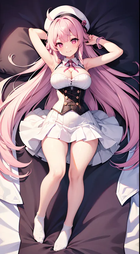 1 girl, game CG, white dress, cleavage visible, shoulders visible, corset, white short skirt, white jacket, neck ribbon, white beret, gigantic breasts, pink hair, long hair, straight hair, ahoge, pink eyes,dakimakura,full body, arms up, smile,