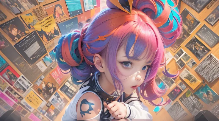 (a girl with colorful hair)(best quality, highres, vivid colors, (manga), (comic))Forged hammer pattern，Big belly，oguchi，sedate，massiness，Shiny and warm