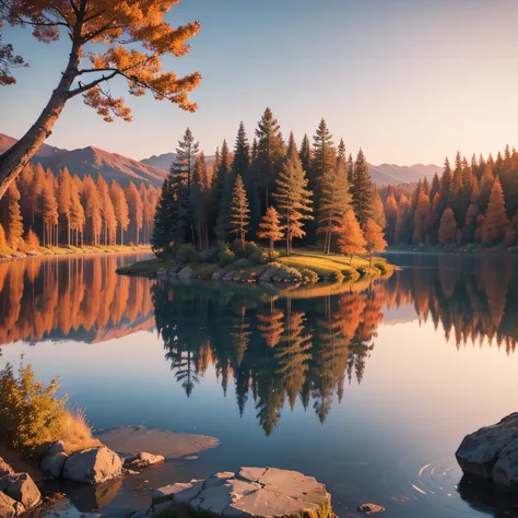 autumn lake with a small island covered by trees in sunset in the background