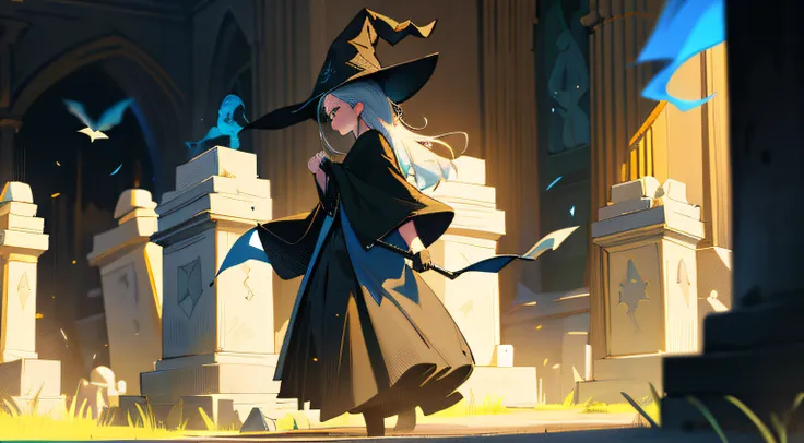 The witch stands in front of three tombstones，Green velvet robe，Black witch hat，One guy，Aloneness，Flowing skirt，Back，Silence，Divine Light，Gorgeous light and shadow，Pulled up hair，silber hair， Illustration style, Art gallery，Cartoony，Love, Romantic, Blue