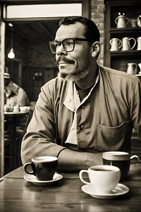 guttonervision8, Retro-style photograph of a 19th-century man with glasses sitting in a café of the era. He has a serene and contagious expression, and on his table, theres a cup of coffee and a croissant. In the background, we see an espresso coffee maker...