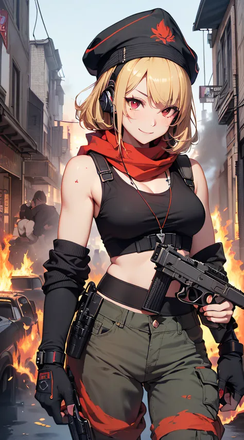 top-quality、Top image quality、​masterpiece、girl with((18year old、Blue navel tank top、Military pants、Best Bust、Bust 90、Blonde Away Tail、Red Eyes、open chest wide、Valley、Happiness、A slender、ssmile、black bandana、Holding a revolver in your right hand,Earphone j...