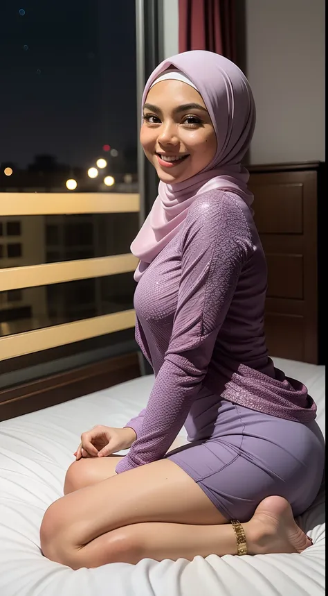 malay girl very long white hijab, wear pastel lilac high low dress and leather jacket, kneeling on bed, kneeling, smiling , wear...