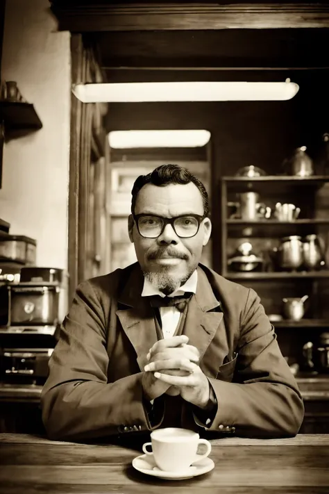 guttonervision8, Retro-style photograph of a 19th-century man with glasses sitting in a period café. It has a serene and contagious expression, e em sua mesa, Theres a cup of coffee and a croissant. In the background, We see an espresso machine on the coun...