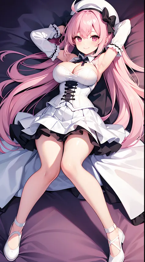 1 girl, game CG, white dress, cleavage visible, shoulders visible, corset, white short skirt, white jacket, neck ribbon, white beret, gigantic breasts, pink hair, long hair, straight hair, ahoge, pink eyes,dakimakura,full body, arms up, smile,