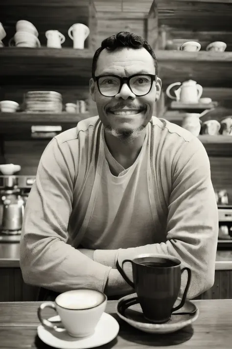 guttonervision8, Retro-style photograph of a 19th-century man with glasses sitting in a period café. It has a serene and contagious expression, e em sua mesa, Theres a cup of coffee and a croissant. In the background, We see an espresso machine on the coun...