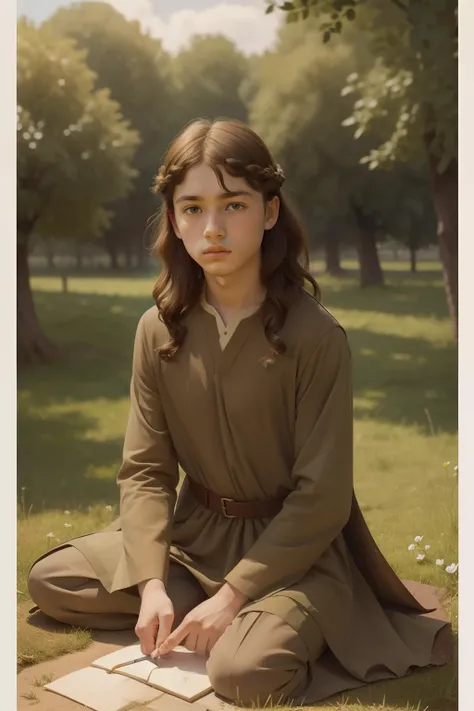 Year: 11th century. Location: London, England. Pre-raphaelite scene with a 12-year-old english boy, drawing a portrait in a piece of wood, outdoors, ((((11th century plain dull tunic)))) ((11th century hairstyle)), (((cinematic style)))