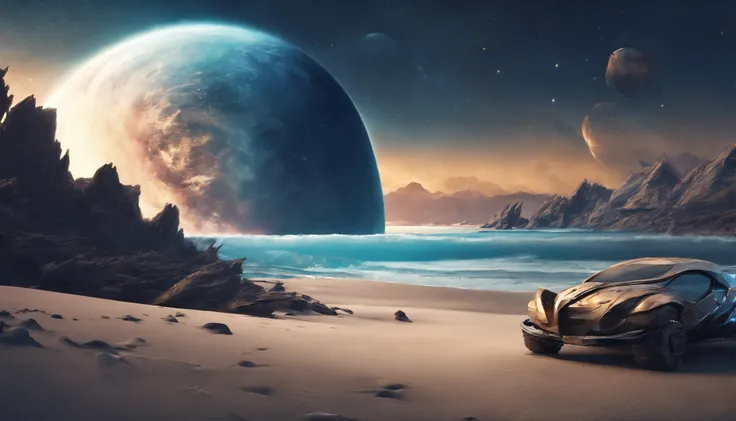 huge planet, the night, starrysky, surrealism, masutepiece, hight resolution、Impressive Milky Way:1.9、sand beach、Vast blue ocean、Blue glacier、lightning bolt:1.9、Protoplanets