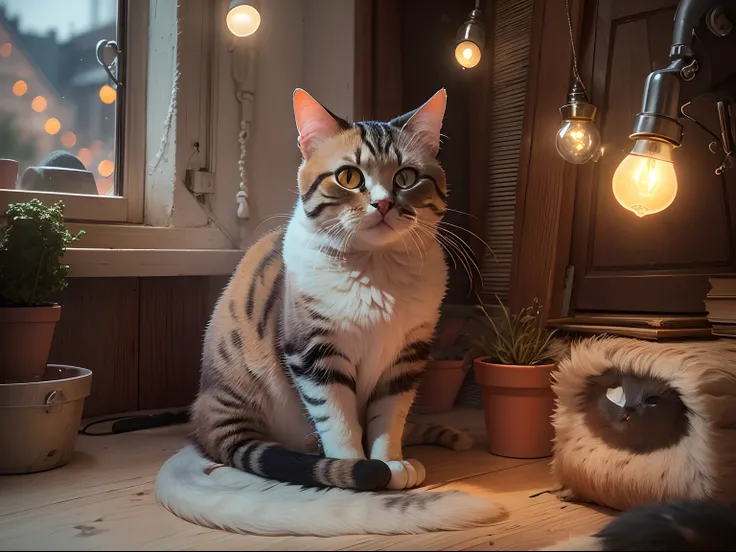 liveroom,A round-eyed cat sitting, There are small colored light bulbs hanging next to it,There is a lamp outside the window.