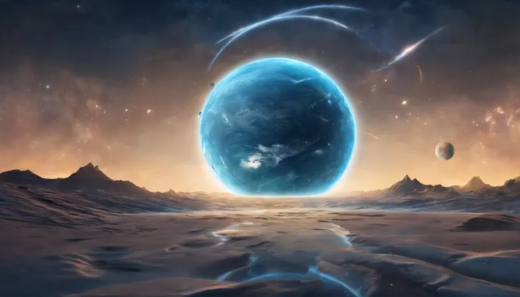 huge planet, the night, starrysky, surrealism, masutepiece, hight resolution、Impressive Milky Way:1.9、sand beach、Vast blue ocean、Blue glacier、lightning bolt:1.9、Protoplanets