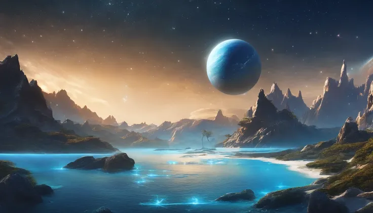 huge planet, the night, starrysky, surrealism, masutepiece, hight resolution、Impressive Milky Way:1.9、sand beach、Vast blue ocean、Blue glacier、lightning bolt:1.9、Protoplanets