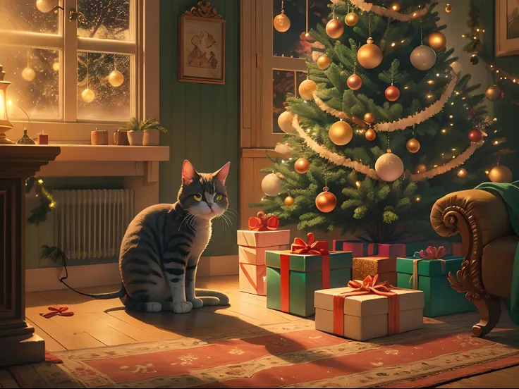 liveroom,A round-eyed cat sitting, There is a shiny Christmas tree next to it,There is a lamp outside the window.