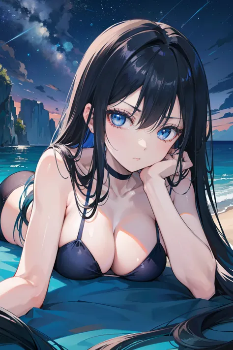 anime girl, long black hair, azure blue eyes, mature and tall, mature face, slightly fierce face, in a dark blue bikini swimsuit, laying down at the beach at night time, dark sky with stars , beautiful background, good anatomy, 8k, high resolution