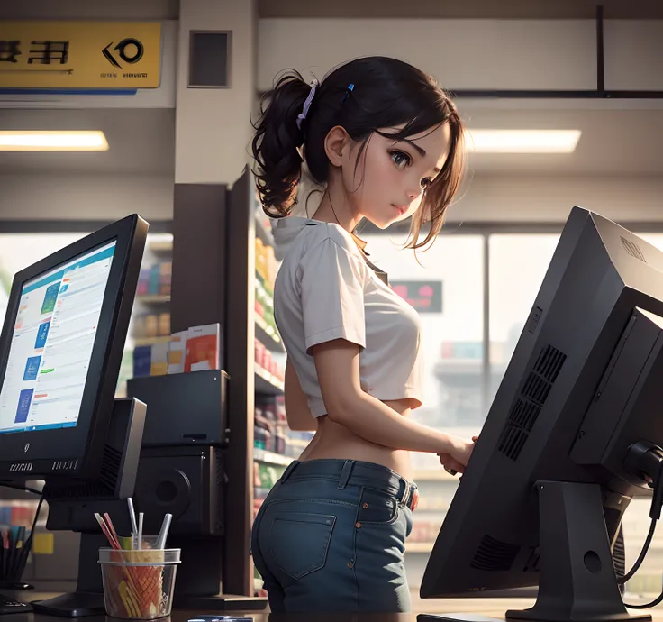 a girl standing in convenience store and in front side a computer pos software is running ans she is billing customer products