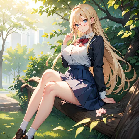 Blonde, single braid hair, (big tits), solo, blush face, blue eyes, school uniform, long skirt, round glasses, random pose, at school garden, sitting on branch, calm face