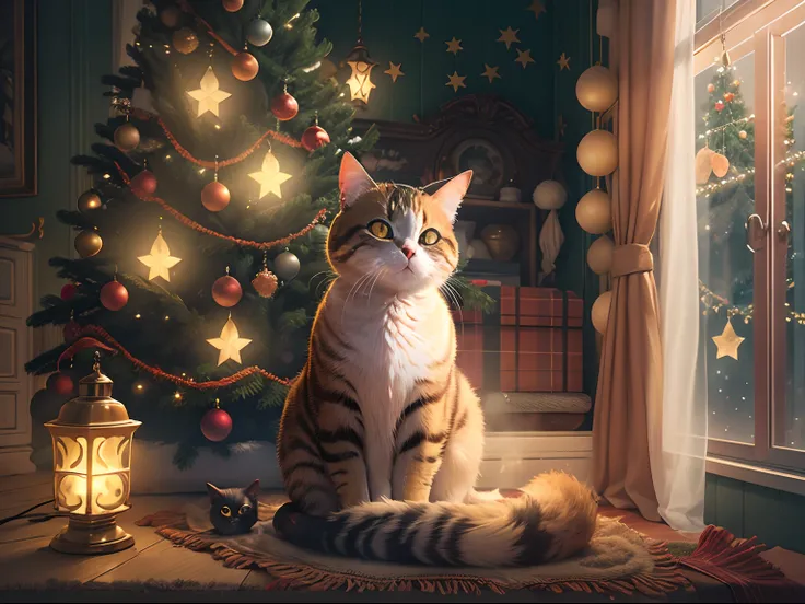 liveroom,A round-eyed cat sitting, There is a shiny Christmas tree next to it,There is a lamp outside the window.