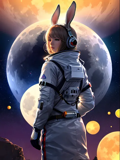 The magical Mid-Autumn Full Moon，1 rabbit in a spacesuit，ultra clear details，8k wallpaper，Cinematic lighting effects，High quality，