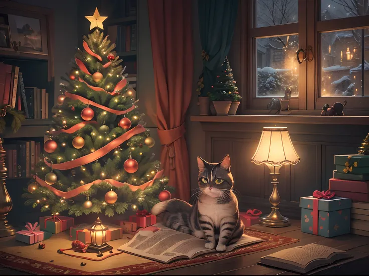 liveroom,A round-eyed cat sitting, There is a shiny Christmas tree next to it,There is a lamp outside the window.