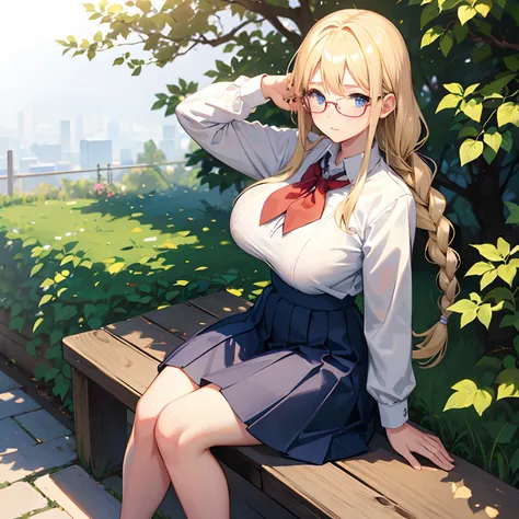 Blonde, single braid hair, (big tits), solo, blush face, blue eyes, school uniform, long skirt, round glasses, random pose, at school garden, sitting on branch, calm face