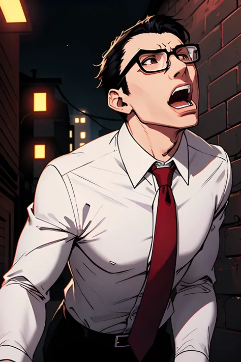 skinny guy, short black hair, glasses, wearing a white shirt, red tie, scared, scream, looking up, gotham city alley background, night time