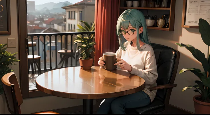 master part, best quality, Antecedentes muito detalhados, INTERVALO 1girl, Pov, roupa casual, sweater, Echarpe, jeans, Botas, green hairs, olhos azuis, boina, reading glasses, coffee cup, peito achatado, BREAK sitting at the table, Olhando para o Viewer,se...