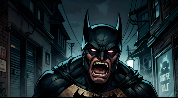 currupted scary batman, upper body, screaming, creepy picture, gotham city alley background