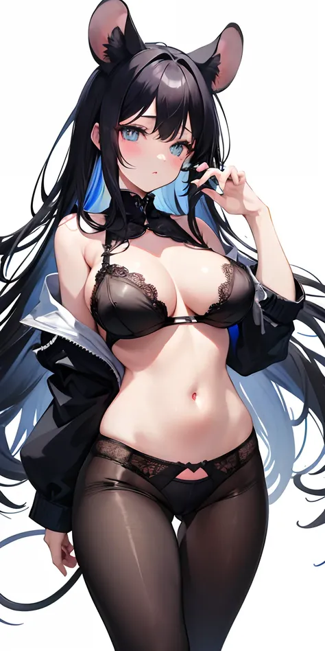 absurd highres animal_ears  black_hair blue_eyes blush extra boobs_ears   lace-trimmed_panties lace_trim long_hair mouse_ears mouse_girl mouse_tail multicolored_navel hair in_pants parted_lips pubic_hair_peek  pussy_juice pussy_juice_drip_through_ tail clo...