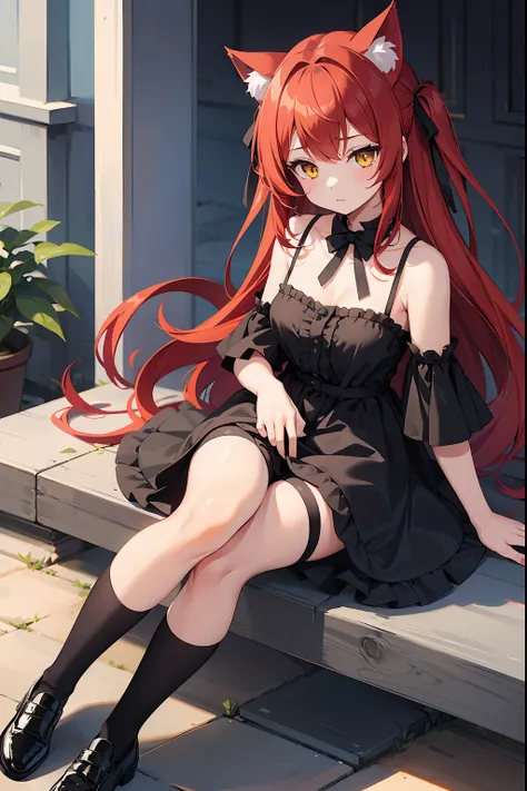 A girl with cat ears, red hair and yellow eyes, wearing a black dress, white socks and black shoes