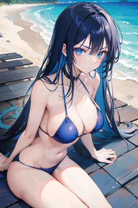 anime girl, long dark blue hair, beautiful blue eyes, mature and tall, mature face, slightly fierce face, in a dark blue bikini swimsuit, laying down at the beach, beautiful background, good anatomy, 8k, high resolution